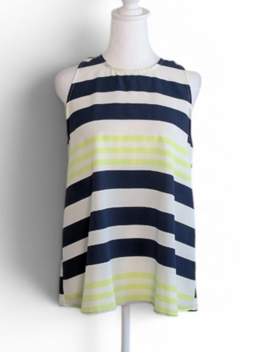 SOPHIE RUE Women's Sleeveless Flowy Top Blouse Size L Navy Yellow White Stripe